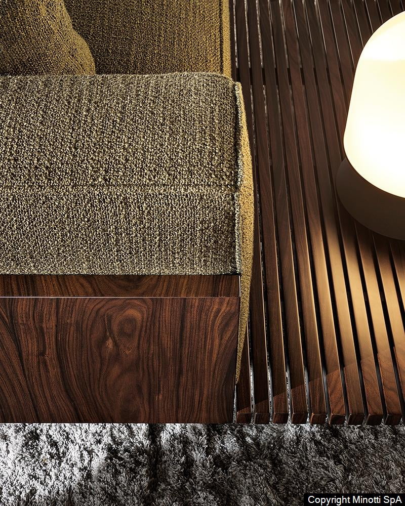 Minotti Brasilia sfeerfoto detail stof en houten tafel
