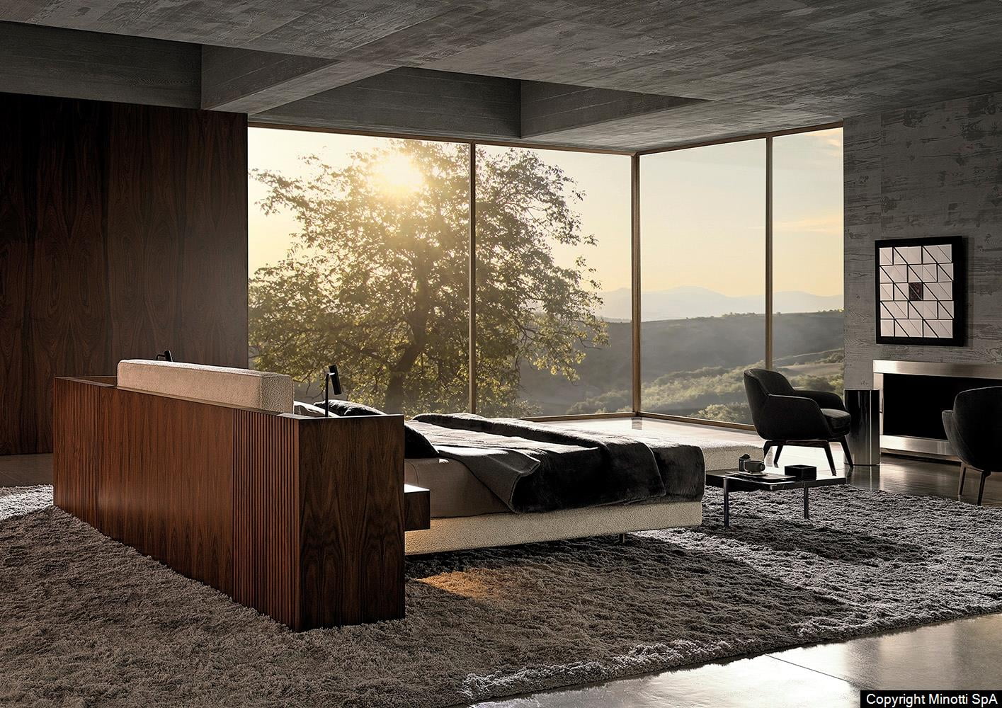 Minotti Brasilia bed sfeer foto slaapkamer achterzijde hoofdbord hout