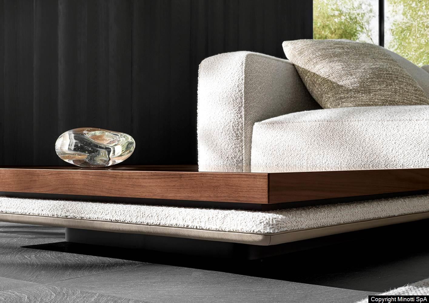 Minotti Horizonte bank detail hout met crème bekleding