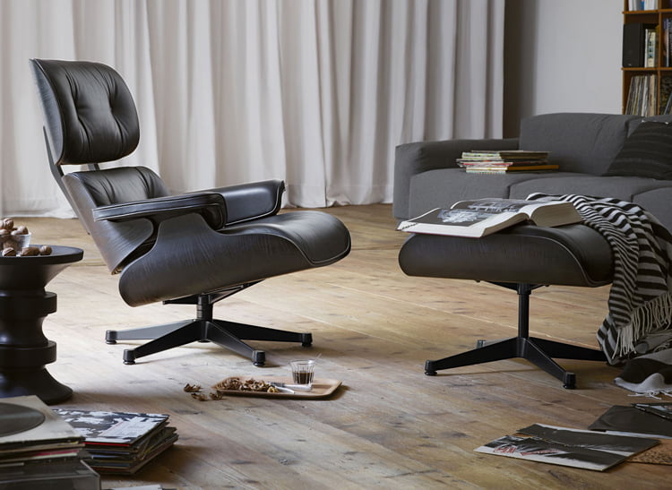 Vitra Lounge chair Palissander met zwart leder