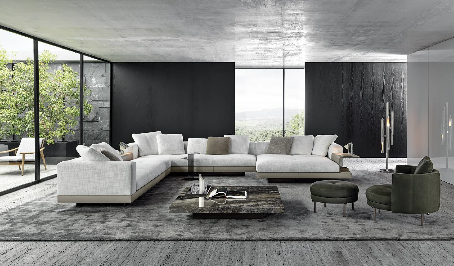 Design meubelen : Minotti Connery in een ecru stof met Boteco salontafel van Minotti en Torii fauteuil in groen velours stof.
