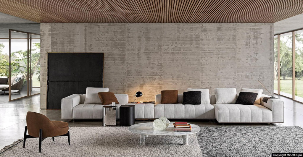 Minotti Goodman bank sfeerfoto interieur crème hout beton