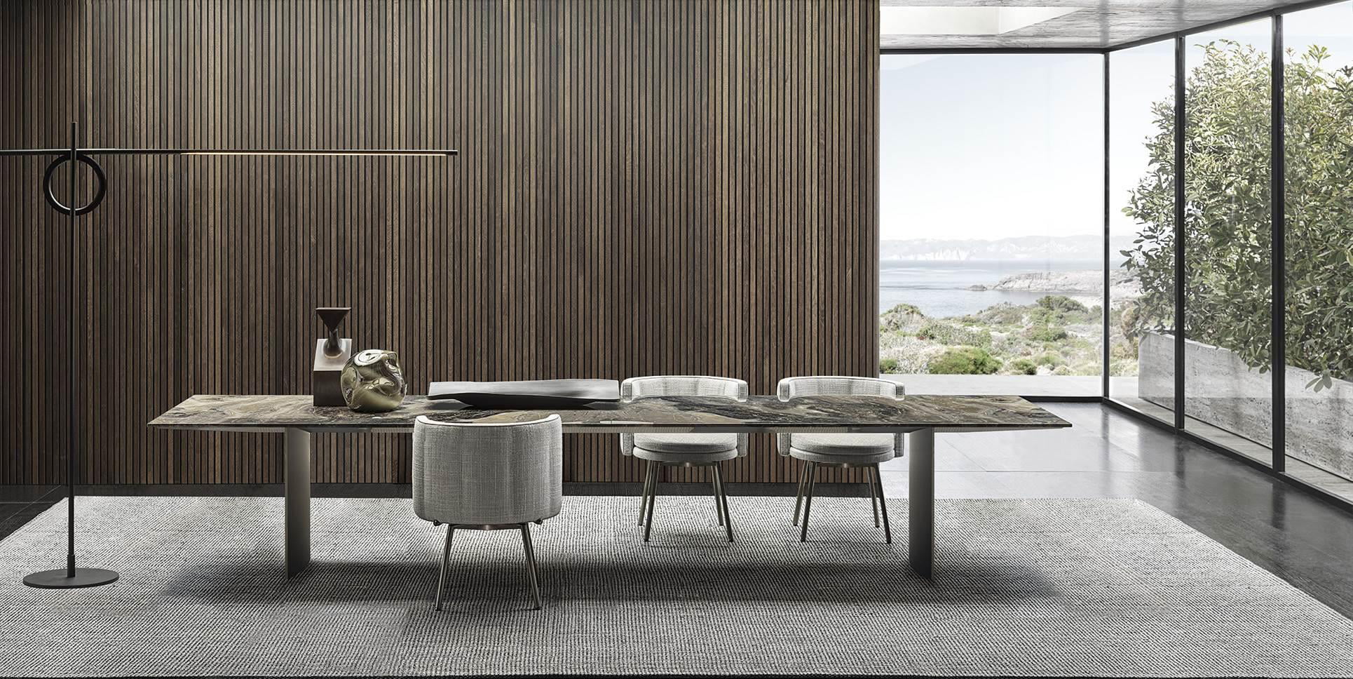 Minotti Linha eettafel met Torii eetkamerstoelen