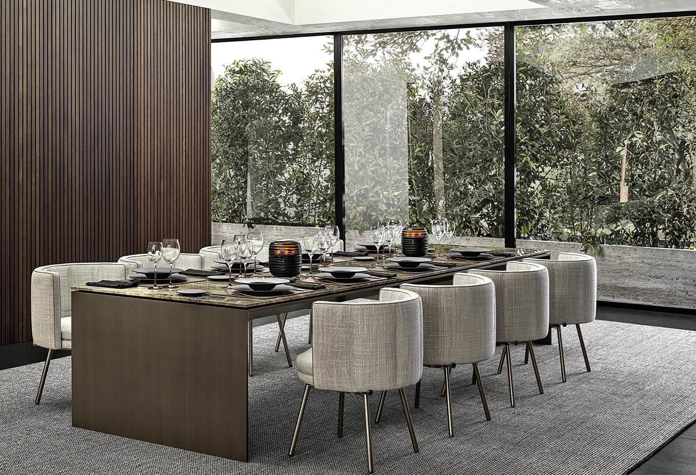 Minotti Torii design eetkamerstoelen in combinatie met Minotti Linha eettafel.