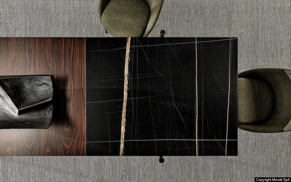 Minotti Superquadra eettafel sfeer foto bovenaanzicht sahara marmer hout