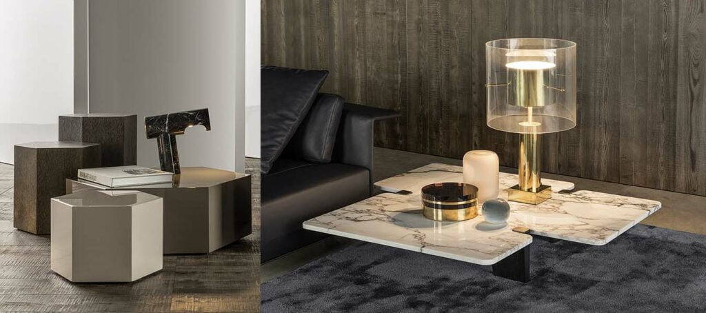 Minotti 2016 collectie Aeron salontafels en Jacob salon tafel marmer sfeerbeeld