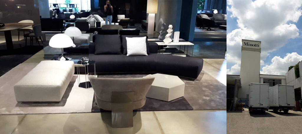 Minotti Freeman sofa, Creed fauteui sfeer foto Minotti showroom