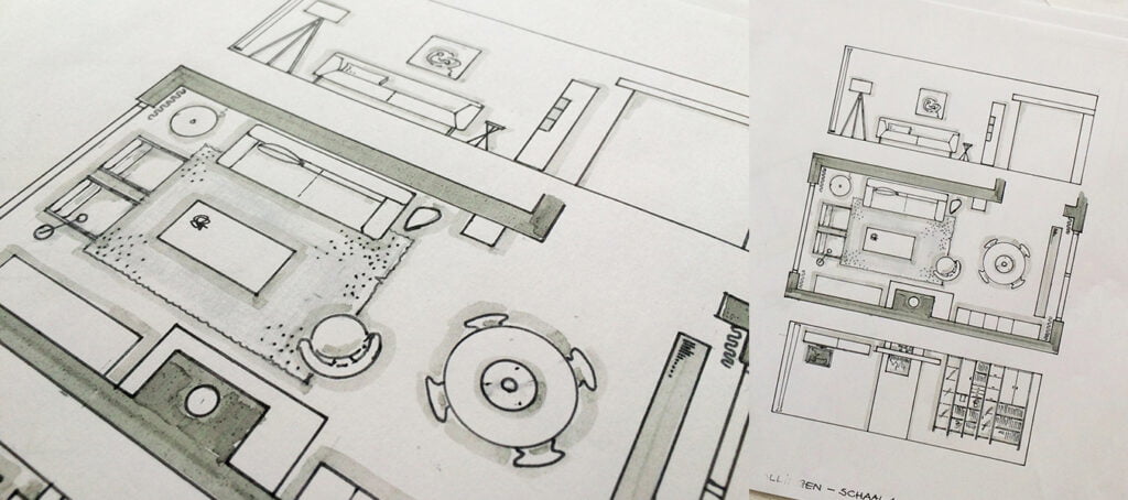 Hand getekende schetsen interieur advies