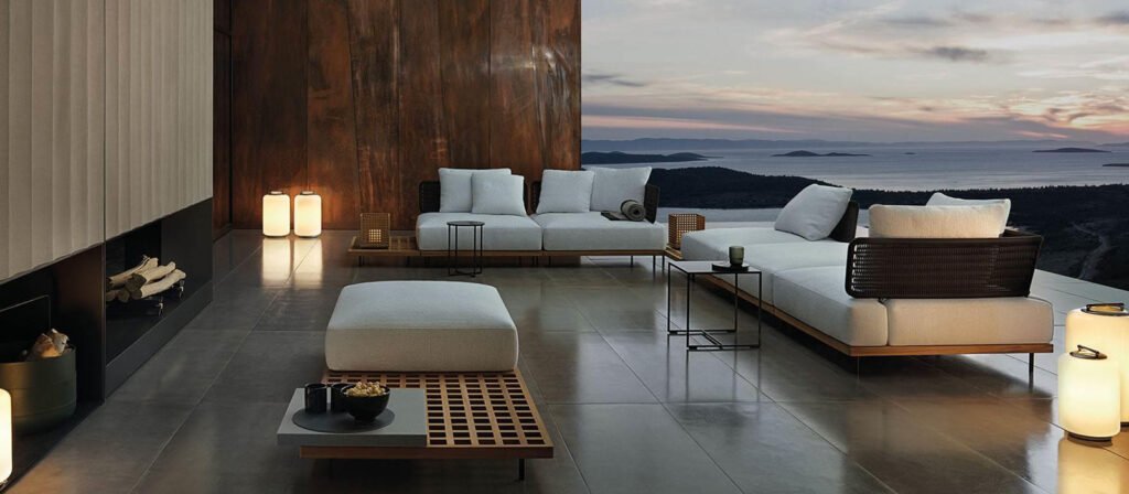 Minotti Quadrado terras zitlandschap teak bank