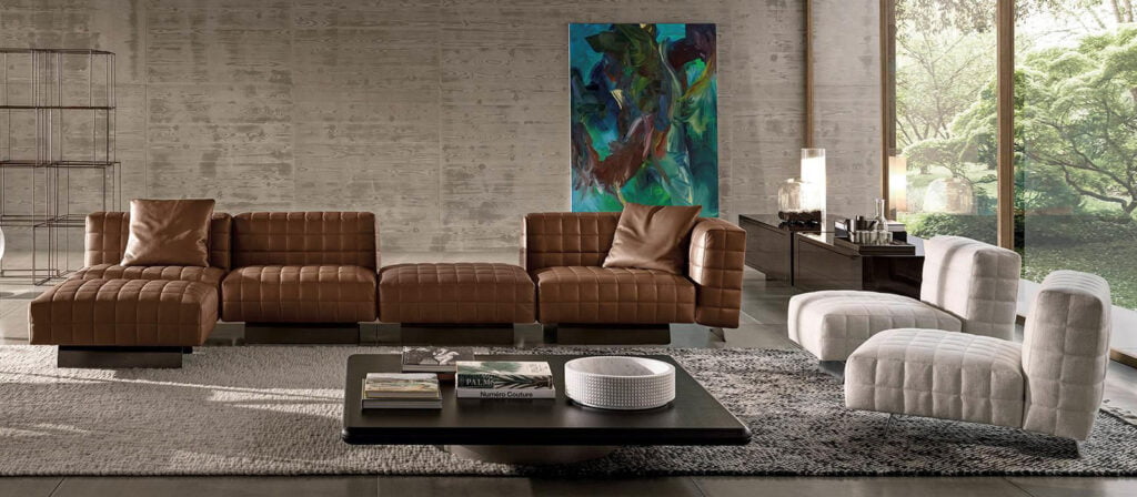 Minotti Twiggy bank sfeerfoto interieur bruin leder