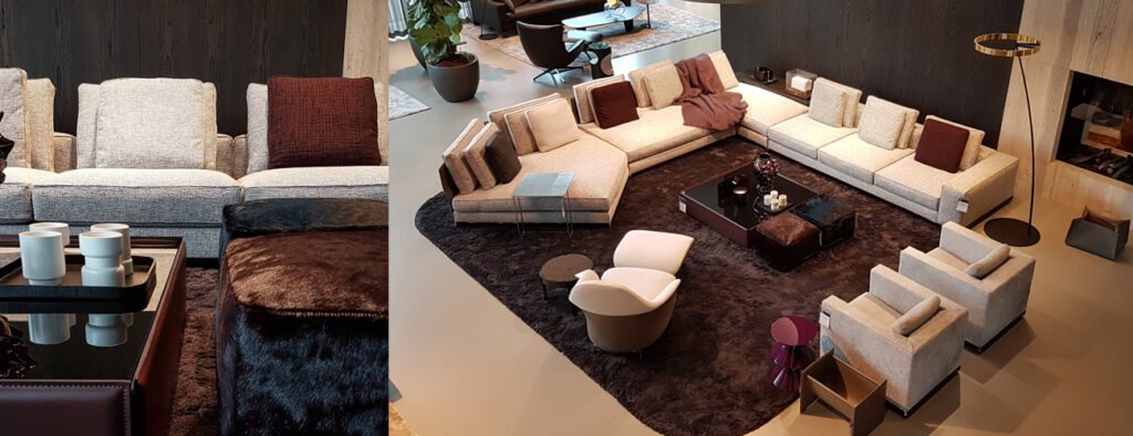 Minotti West opstelling in witte stof, bordeaux rood in de Minotti Concept Store in Gorinchem