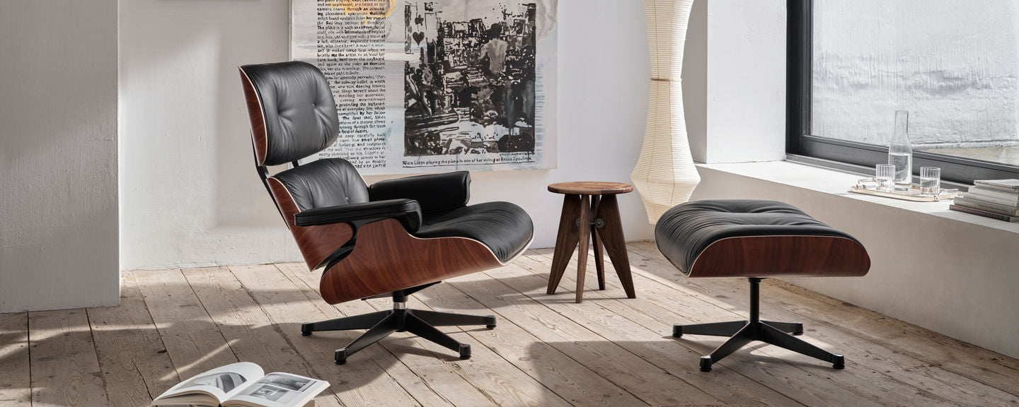 Vitra Eames Lounge Chair sfeerbeeld. Uitvoering palissander + leder nero premium