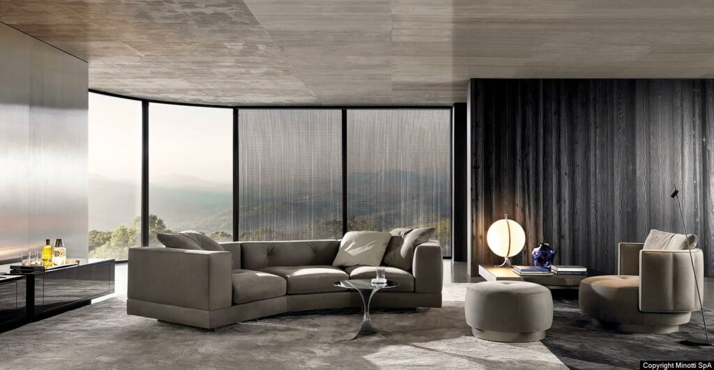 Minotti Dylan low design Rodolfo Dordoni vooraanzicht bank ronde zit