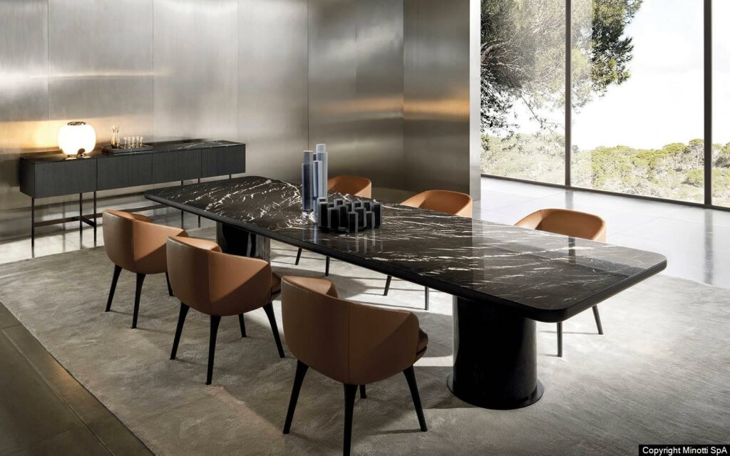Minotti Brady Dining tafel Rodolfo Dordoni design interieur sfeerfoto eetkamer natuursteen