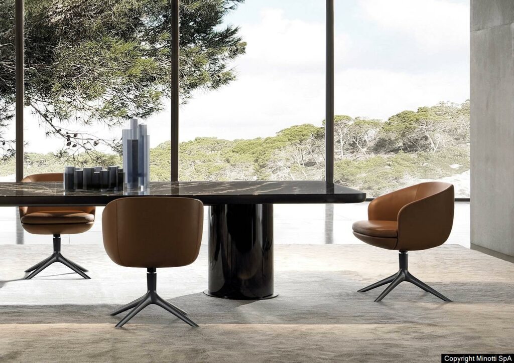 Minotti Brady Dining tafel Rodolfo Dordoni design interieur sfeerfoto eetkamer natuursteen