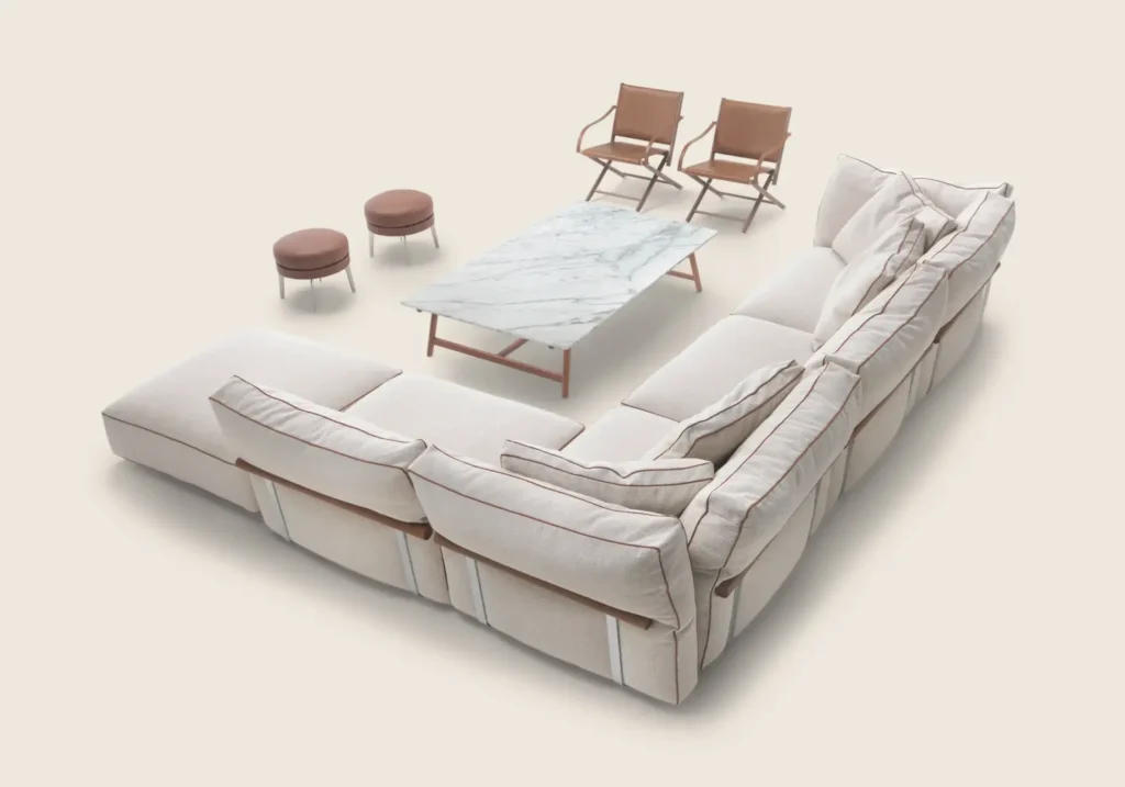 Flexform Camelot Sofa zitlandschap met hoek element en fauteuils en poufs