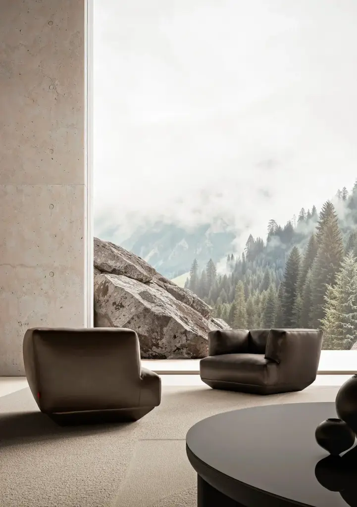 Flexform Loungescape Armchair interieur sfeerfoto lederen bekleding bruin