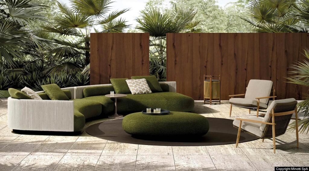 Bézier "Cord" Outdoor Studio MK27 buitenmeubelen bank groene bekleding sfeerfoto terras