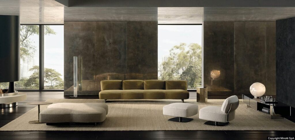 Minotti Saki bank interieur sfeerfoto groene bekleding velours Nendo Design