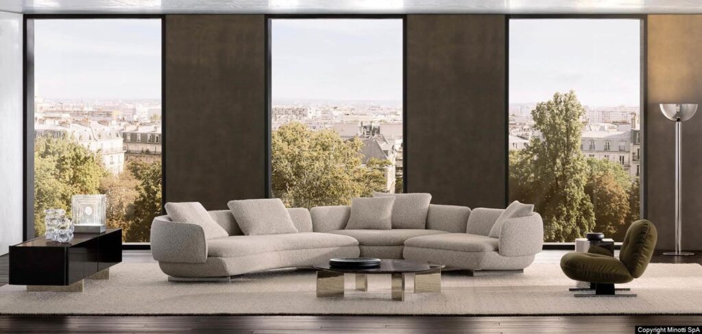 Minotti Vivienne bank GamFratesi lichte bekleding interieur sfeerfoto appartement