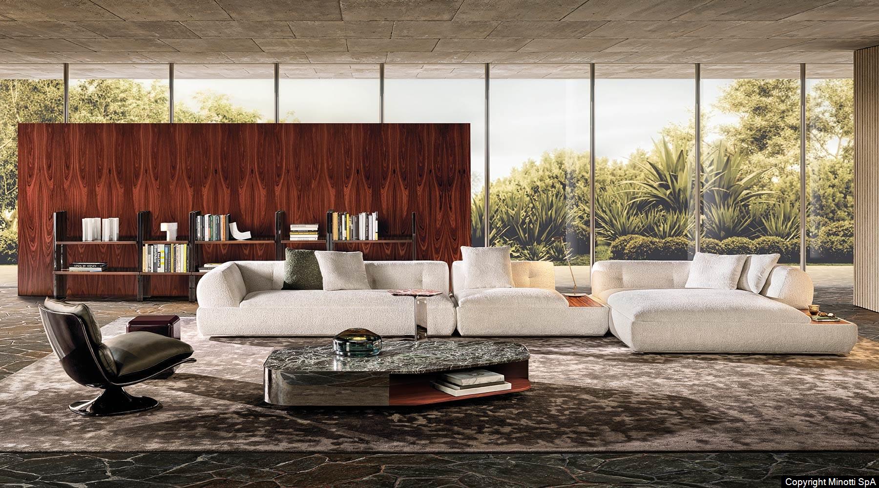 Minotti Supermoon opstelling lichte stof, ruime woonkamer