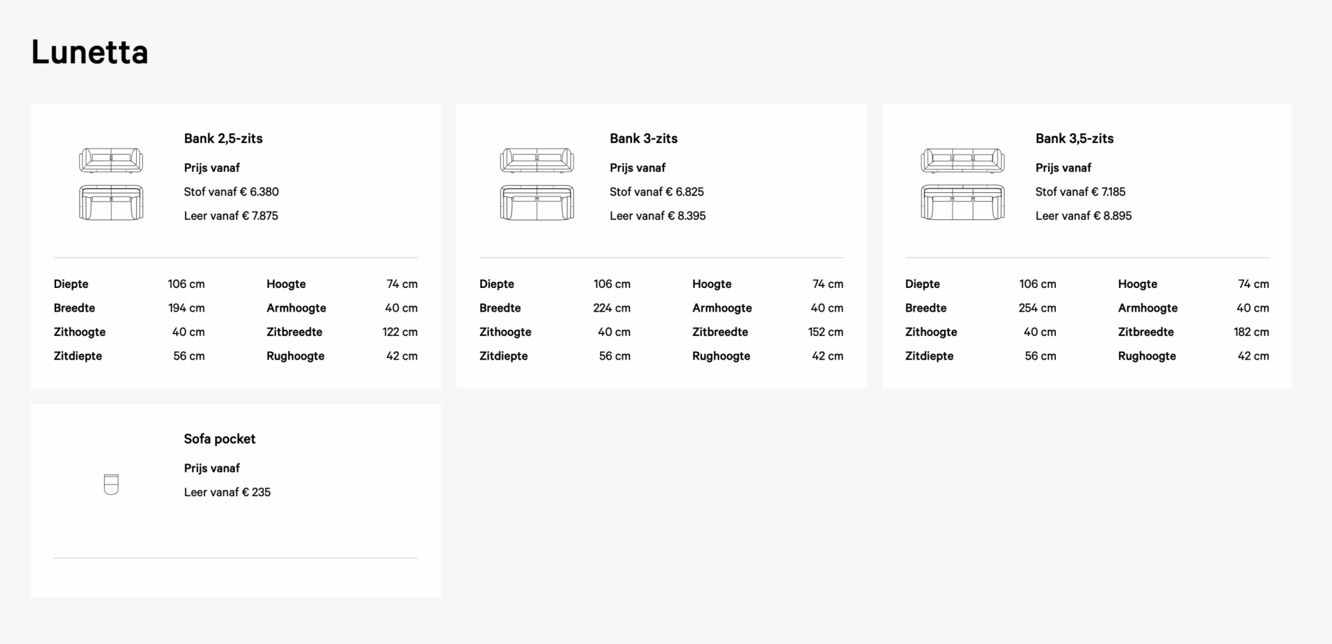 Leolux Lunetta bank afmetingen