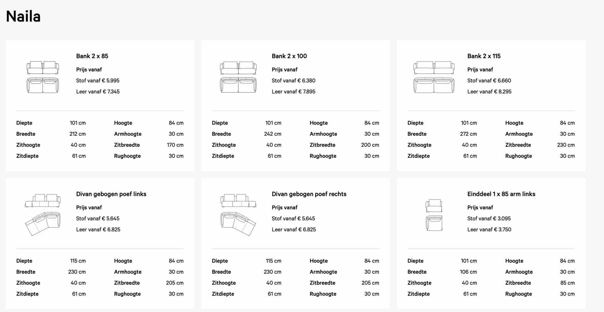 Leolux Naila bank afmetingen