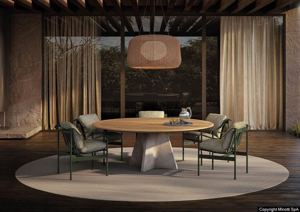 Minotti Brutalist Outdoor salontafel in showroom Van der Donk Interieur, ontwerp Giampiero Tagliaferri voor Minotti 2026.