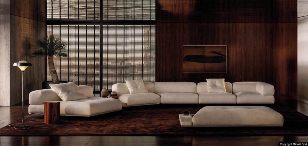 Minotti Orion bank in showroom Van der Donk Interieur, modulair zitsysteem ontworpen door Giampiero Tagliaferri.