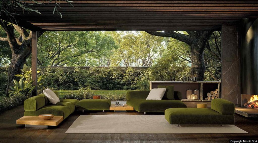 Minotti Orion outdoor bank sfeer setting terras groene bekleding.